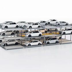 La visualización muestra la disposición de los coches en un sistema de aparcamiento