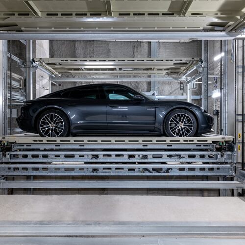 Side view of a car on an automated parking system