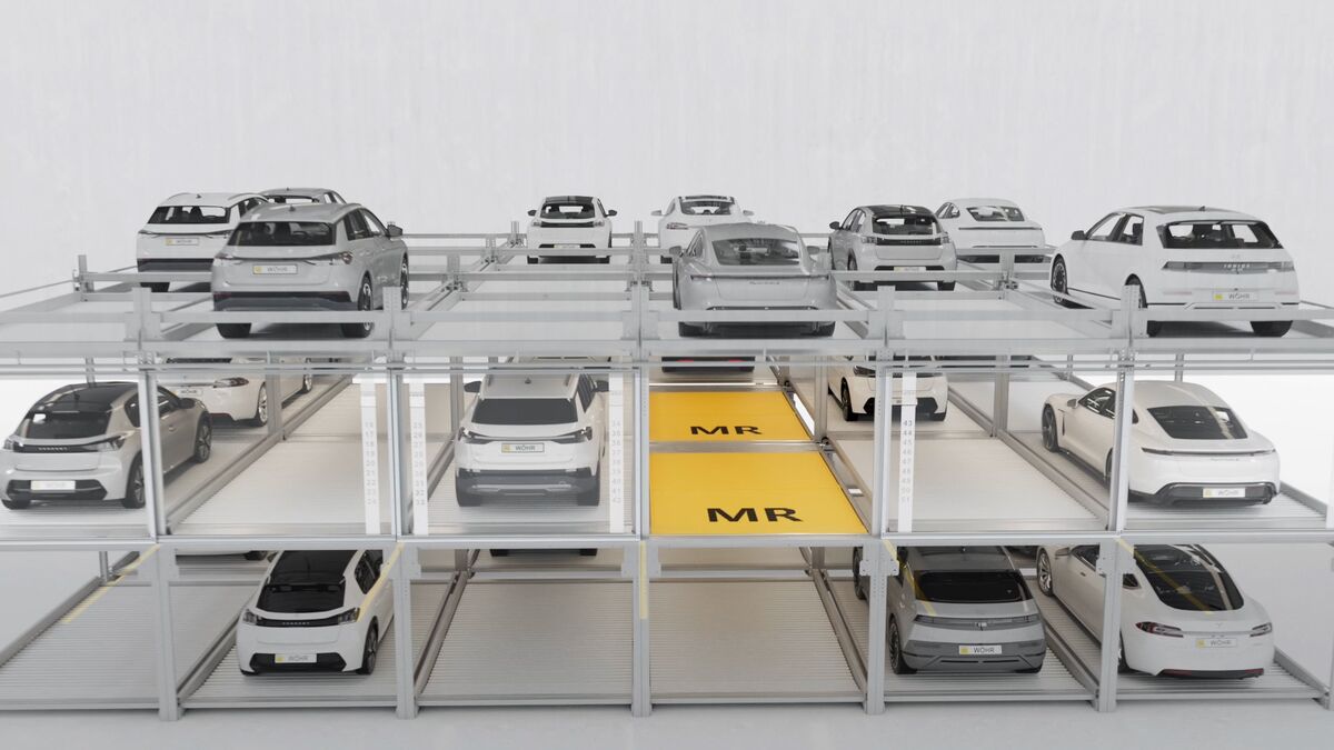La visualización muestra la disposición de los coches en un sistema de aparcamiento