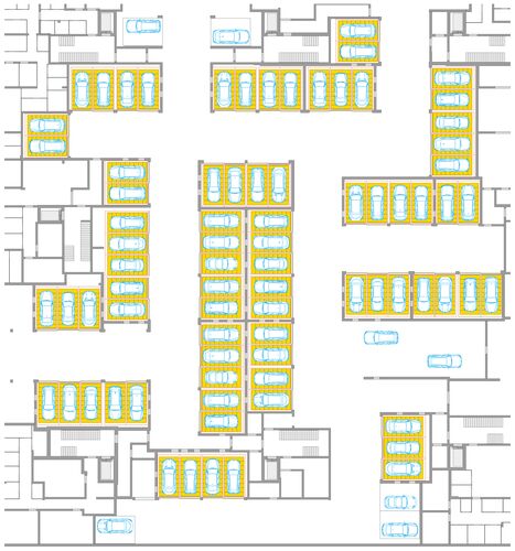 Plano de la distribución de los sistemas de aparcamiento en el aparcamiento subterráneo