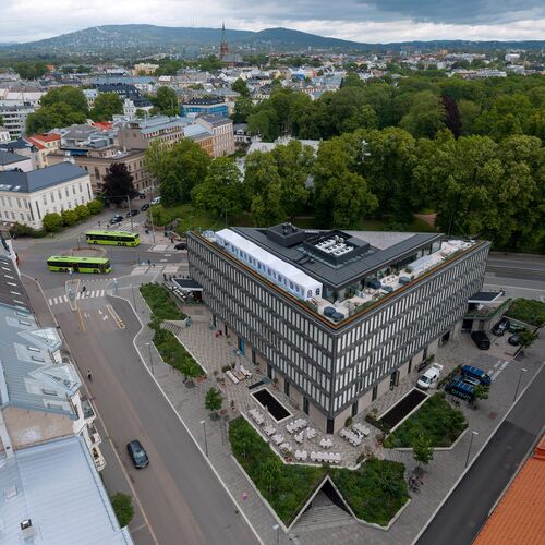 Vista aérea del edificio de la antigua embajada estadounidense en Oslo