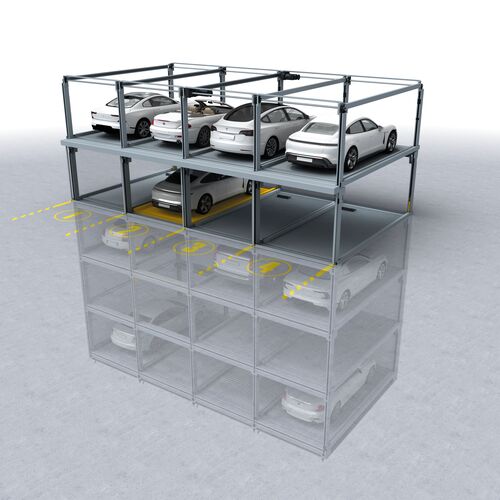 The visualisation shows the arrangement of the cars within a parking system