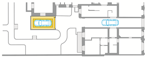 El gráfico muestra la ubicación del sistema de aparcamiento en el patio interior del edificio