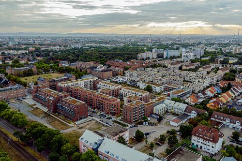 Aerial view of the entire site of the ‘Turley’ district in Mannheim Image of a city model with integrated park systems