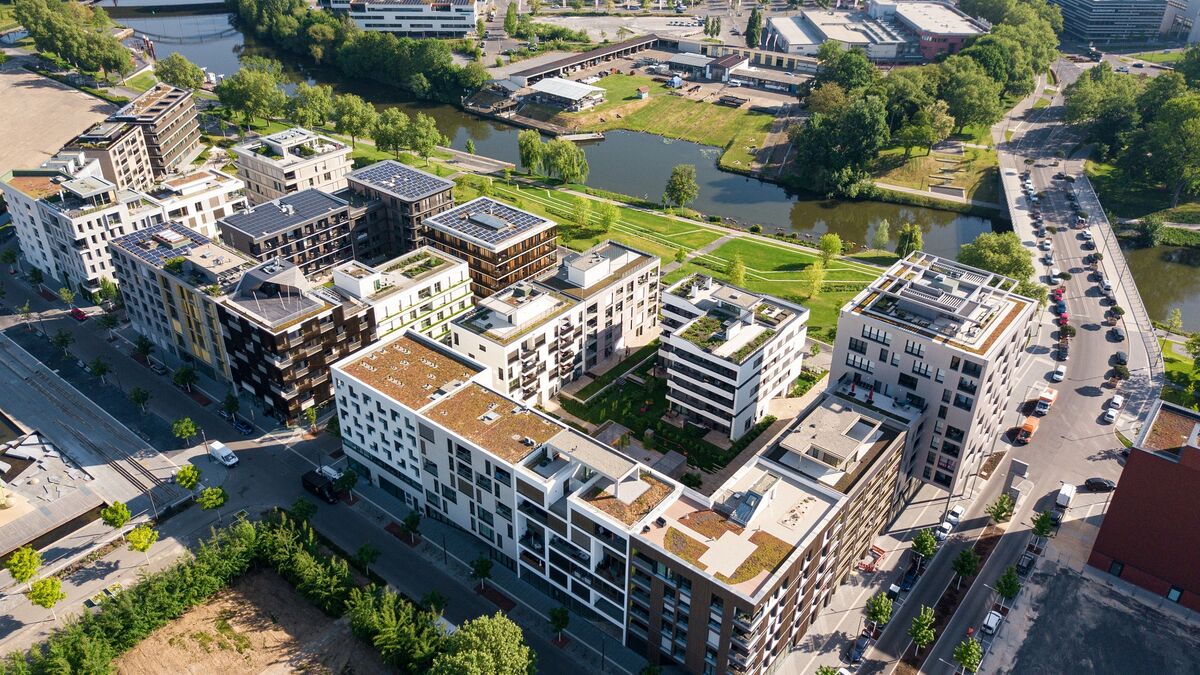 Vista aérea de todo el recinto del Neckarbogen en Heilbronn