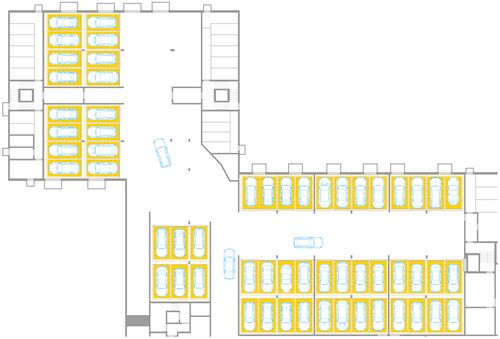 The diagram shows an overview of the parking systems in the underground car park