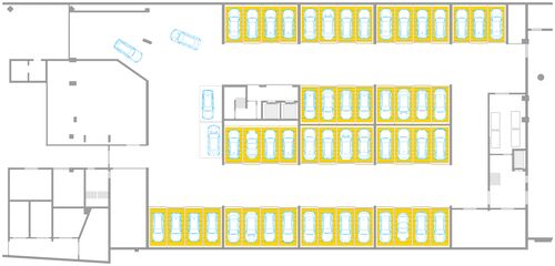 Floor plan of an underground garage featuring the WÖHR Combilift 542/543 semi-automatic parking system. The arrangement of the parking spaces demonstrates the space-saving use of the available parking area.
