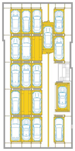 El gráfico muestra la disposición de las plazas de aparcamiento de un sistema de aparcamiento mediante un corte longitudinal